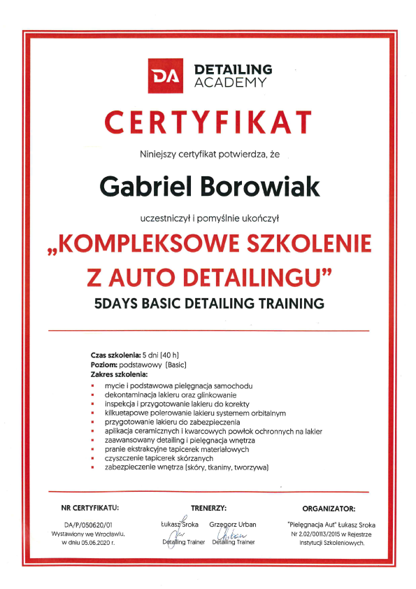 Certyfikat z Autodetailingu